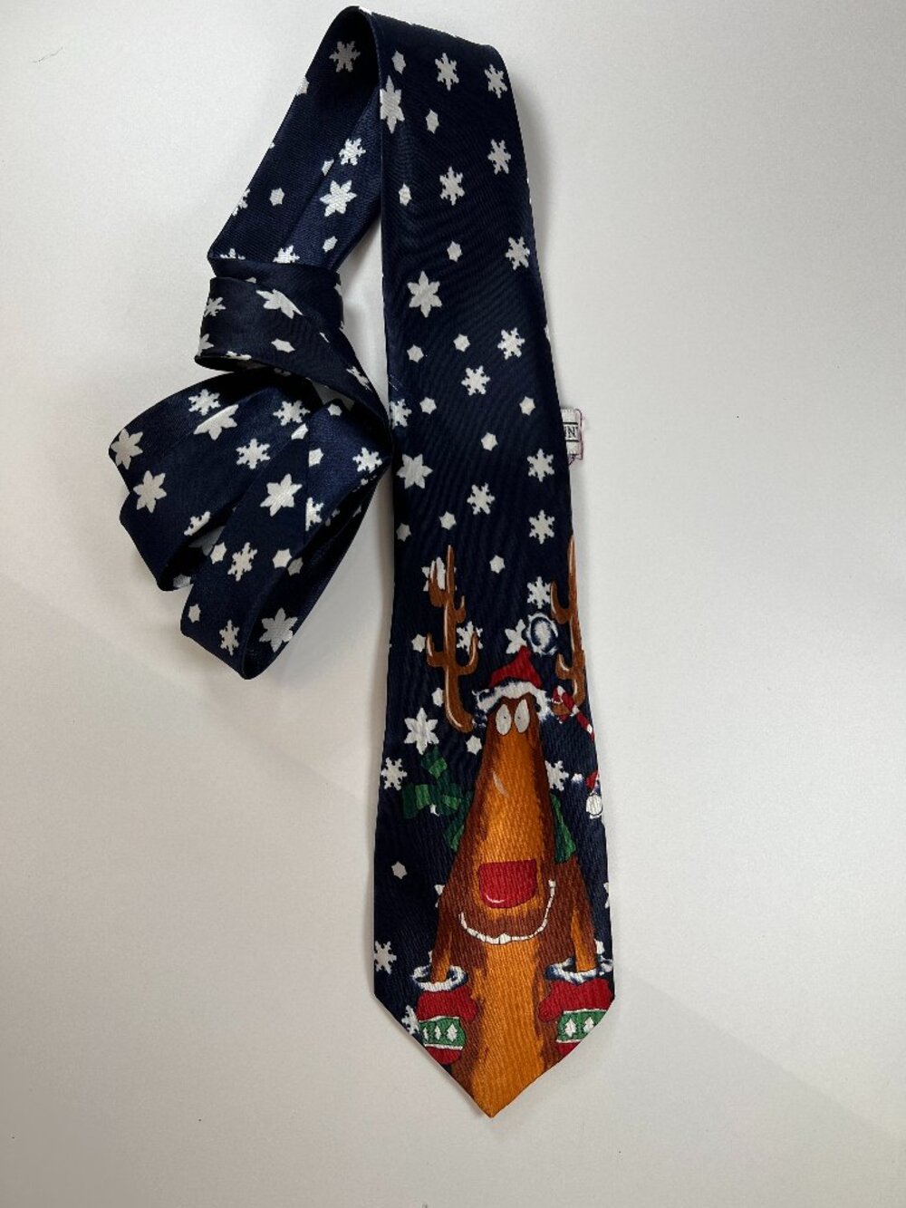 Novelty Funtyme Christmas Tie Reindeer w/ Mittens Snowflakes on Navy Background